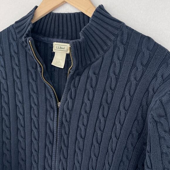 LL BEAN Sweater Womens 3X Plus Cable Knit Mock Neck Full Zip Cotton Blue - Picture 7 of 14